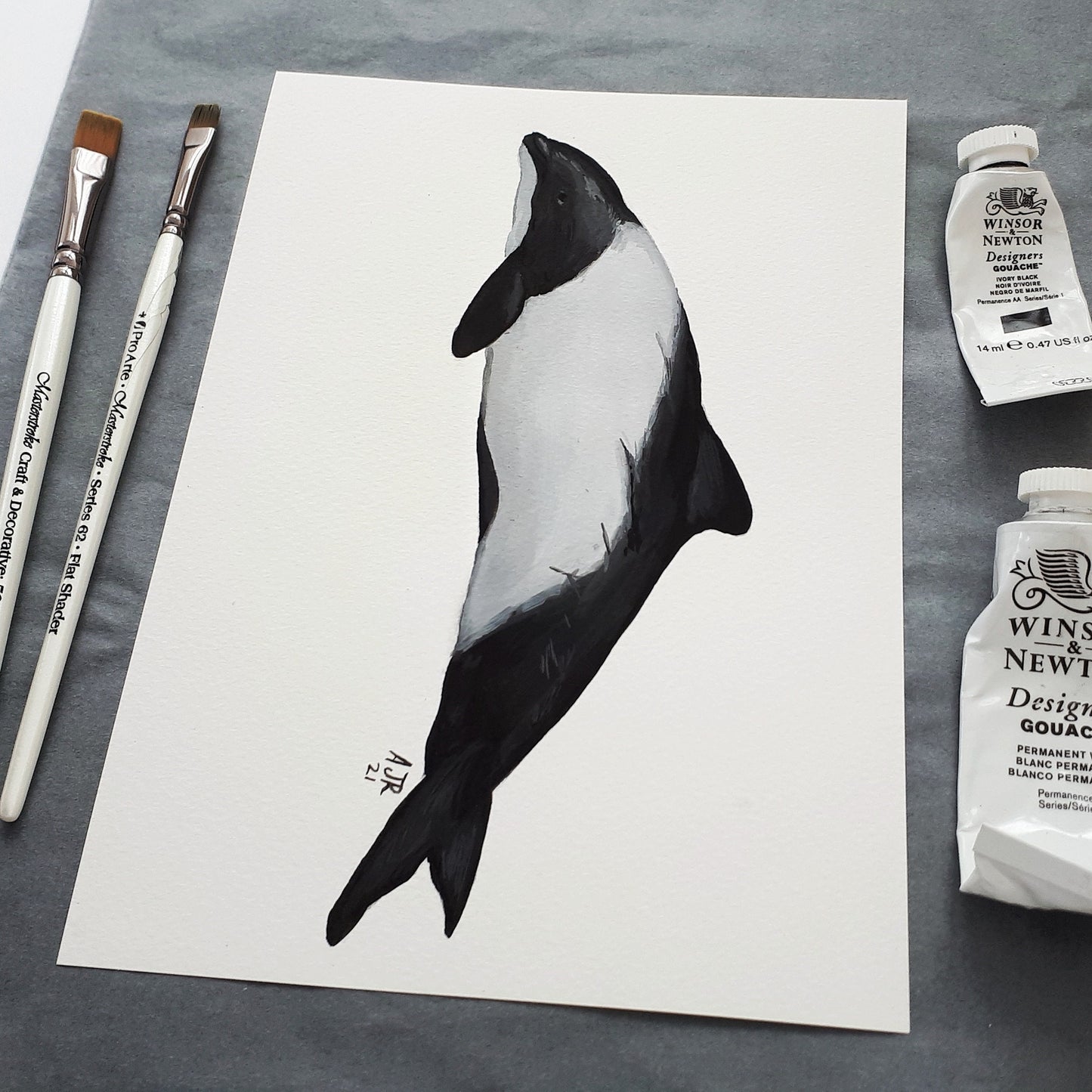 Commerson's Dolphin Gouache A5 Original Painting