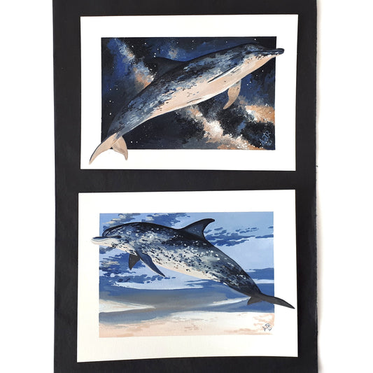 Spotted Dolphins in the Sky Original A5 Gouache Paintings